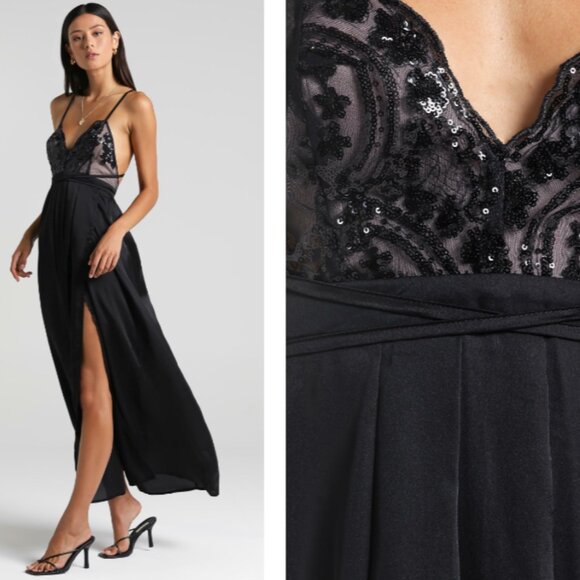 Showpo. Dresses & Skirts - Showpo. studded black halter strap satin maxi slip dress, plunge neck, Sz: US 4
